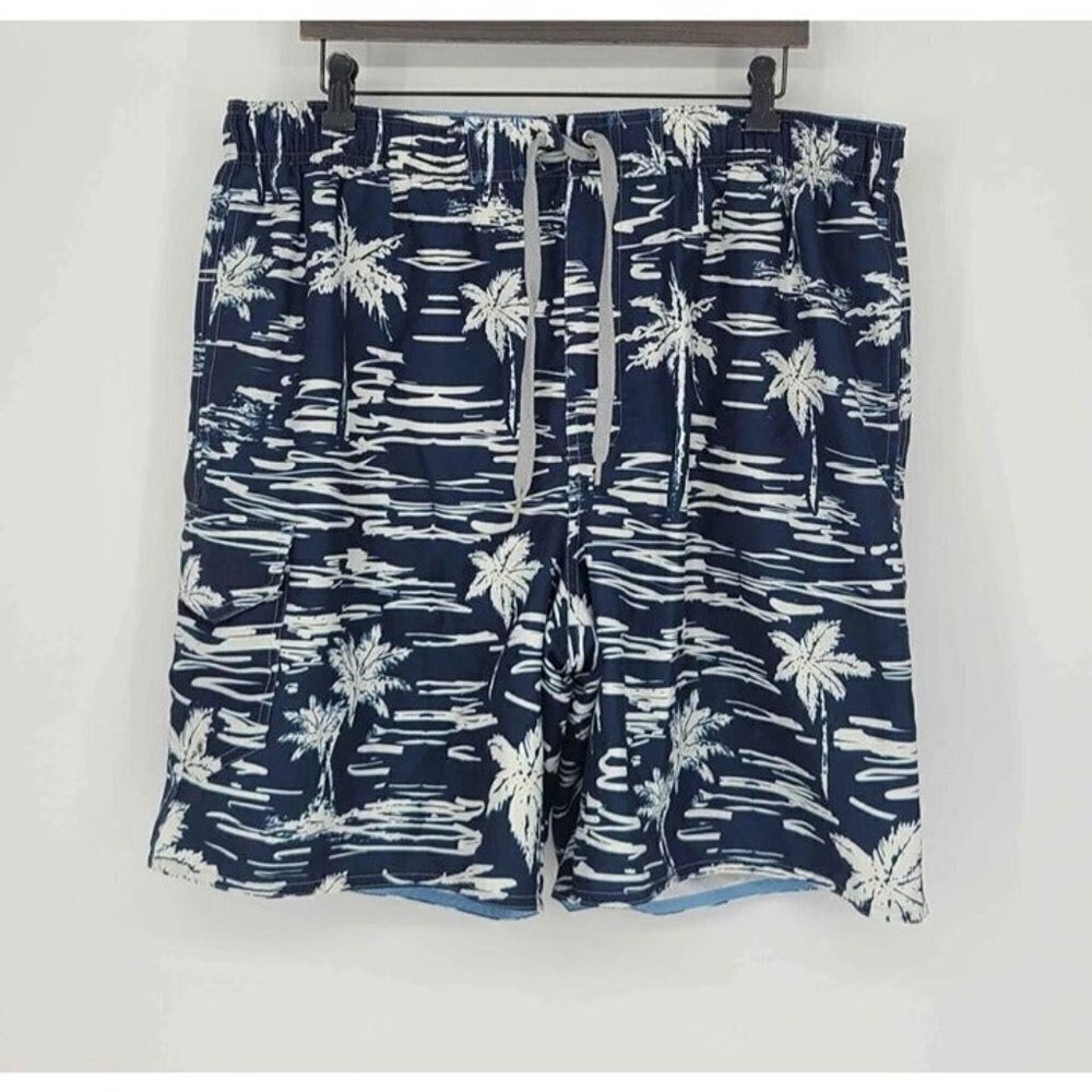 Croft & Barrow Mens Swimsuit Pockets Mesh Lining Blue w/White Palm Trees Sz Lg